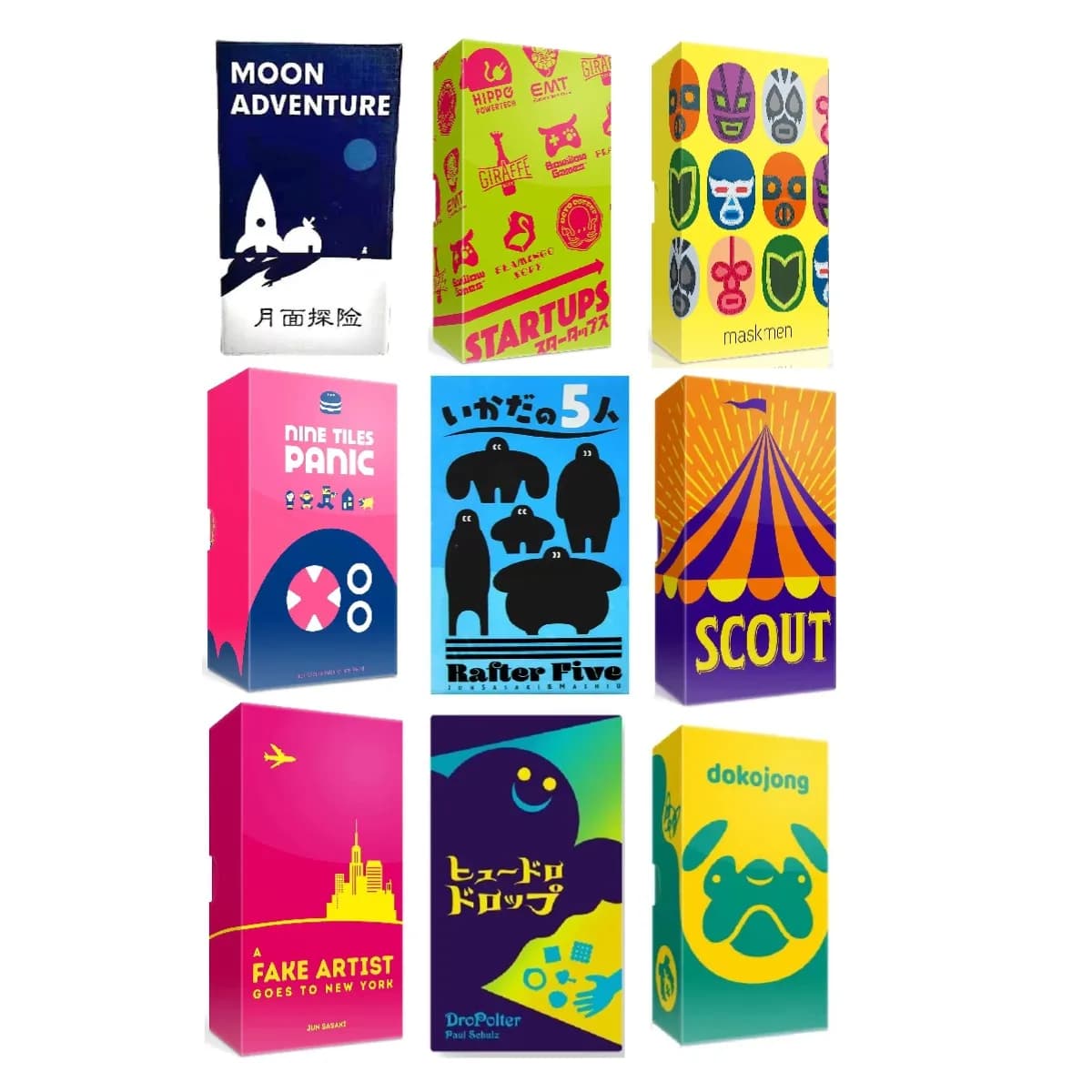 Scout-Kartenspiel • Nine Tiles Panic • Moon Adventur • Fafnir Strategy • Ein gefälschter Künstler • IN einem GROVE • Rafter