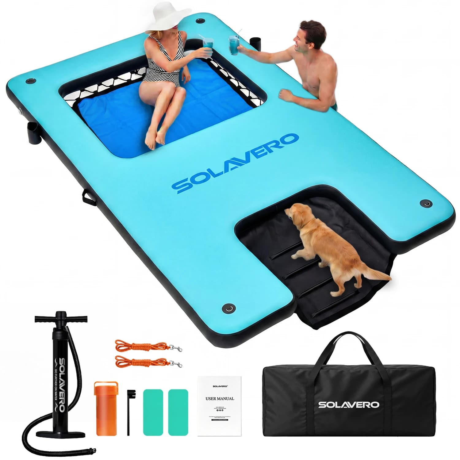 Aufblasbare Schwimmplattform, Tragbare Aufblasbare Plattform mit Getränkehalter, Reparaturset & Tragetasche, Robuste Schwimmfloß-Plattform für