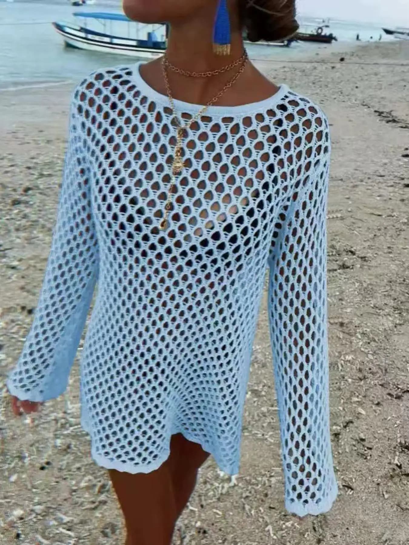 Strand-Stil Durchbrochenes Bikini-Cover-Up, Rundhals-Strickkleid mit Langen Ärmeln, Schlichtes Design, Perfekt für den Sommerurlaub