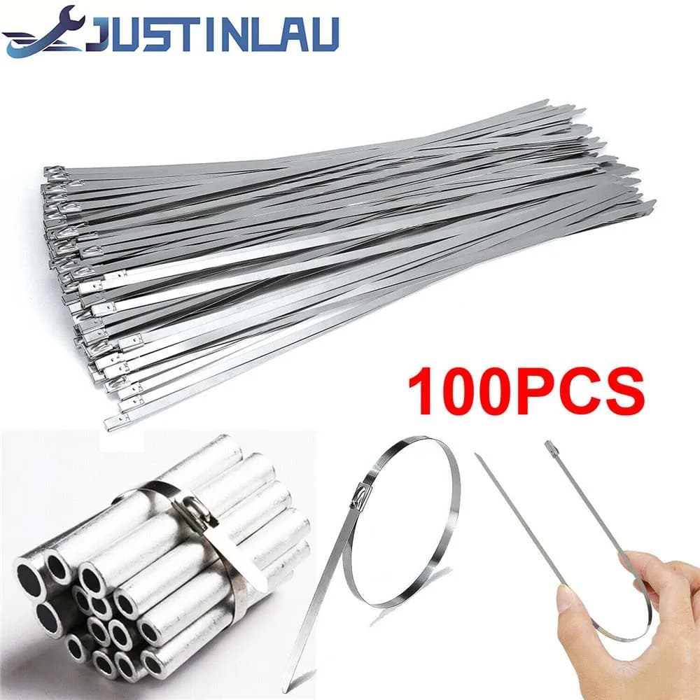 100 Stück 304 # Edelstahl-Kabelbinder, 4,6 mm, robuste, selbstsichernde Kabelbinder, Mehrzweck-Auspuffband-Verriegelungsbinder aus Metall
