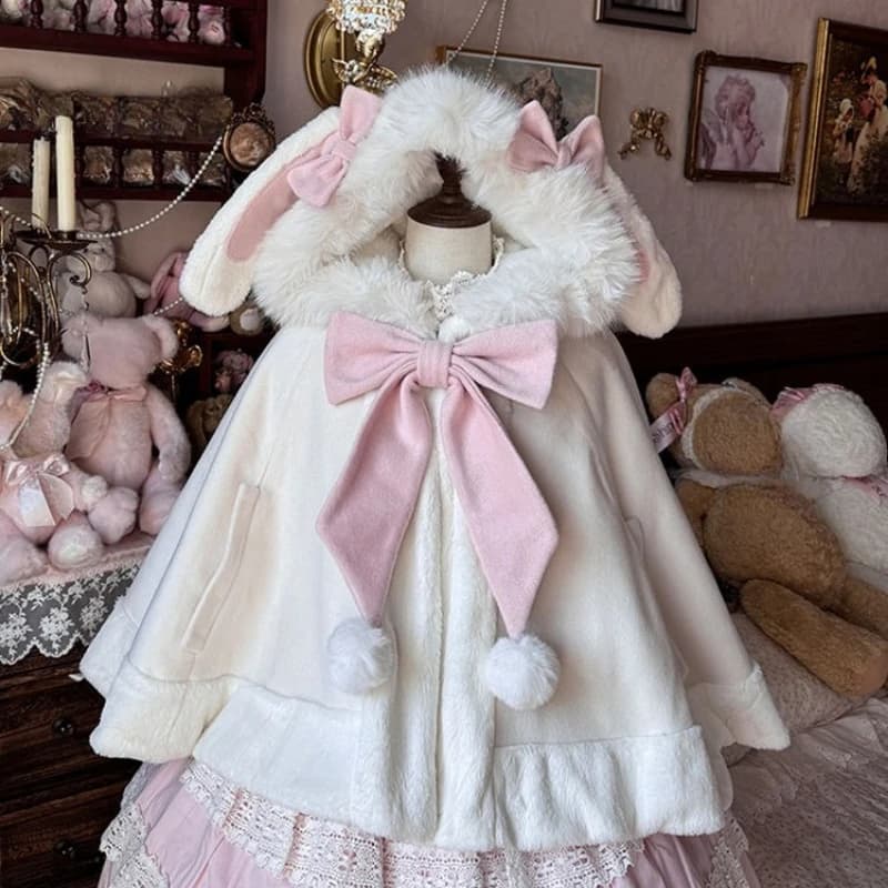 Japanische Lolita Kunstpelz Patchwork Hooed Mantel Y2k Ästhetische Mantel Jacke Frauen Kawaii Süße Schleife Jacken Übergroße JK Capes
