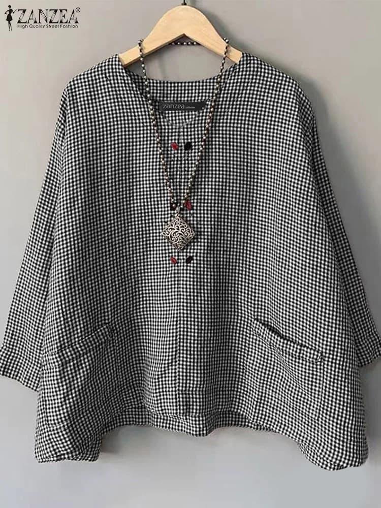 Casual Lose Frauen Bluse ZANZEA Sommer Rundhals Hemd Kariert Gedruckt Tasche 3/4 Hülse Tops Harajuku Einfache Blusas