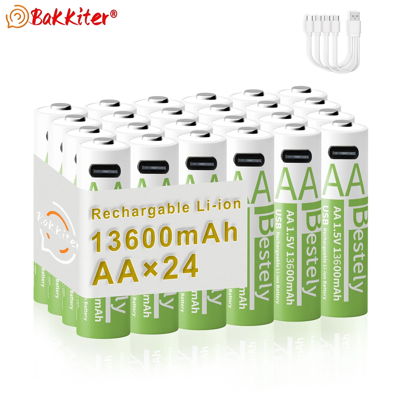 Bestely 1,5 V AA 13600 mAh wiederaufladbare Lithium-Batterie, langlebige, schnell aufladbare Li-Ionen-Batterien, 2000 Zyklen mit USB-C-Kabeln