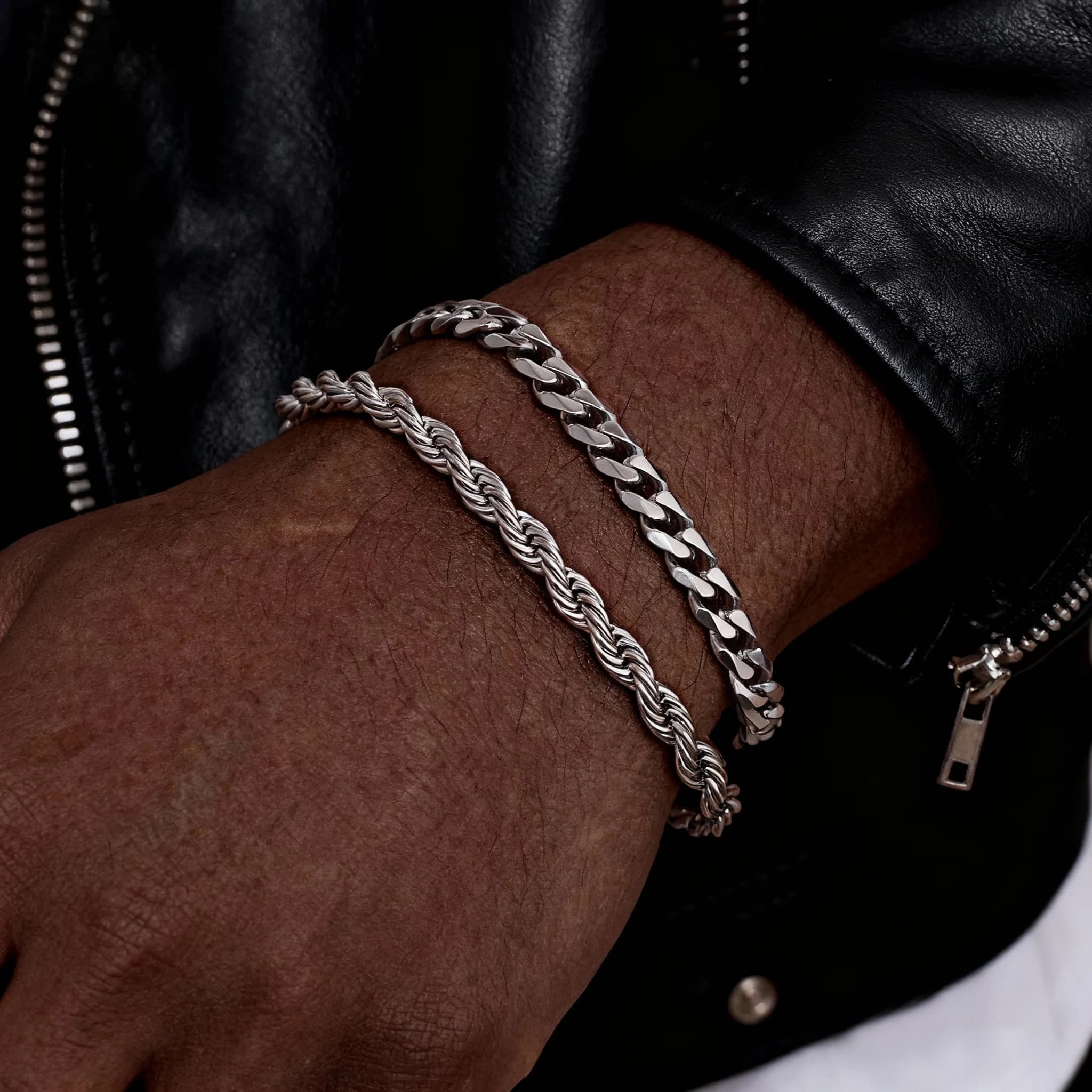 2 Stück Herren-Kettenarmbänder, Edelstahl, Silber, Gold, Schwarz, Twist-Seil-Kettenarmband, trendige kubanische Gliederketten, Geschenk
