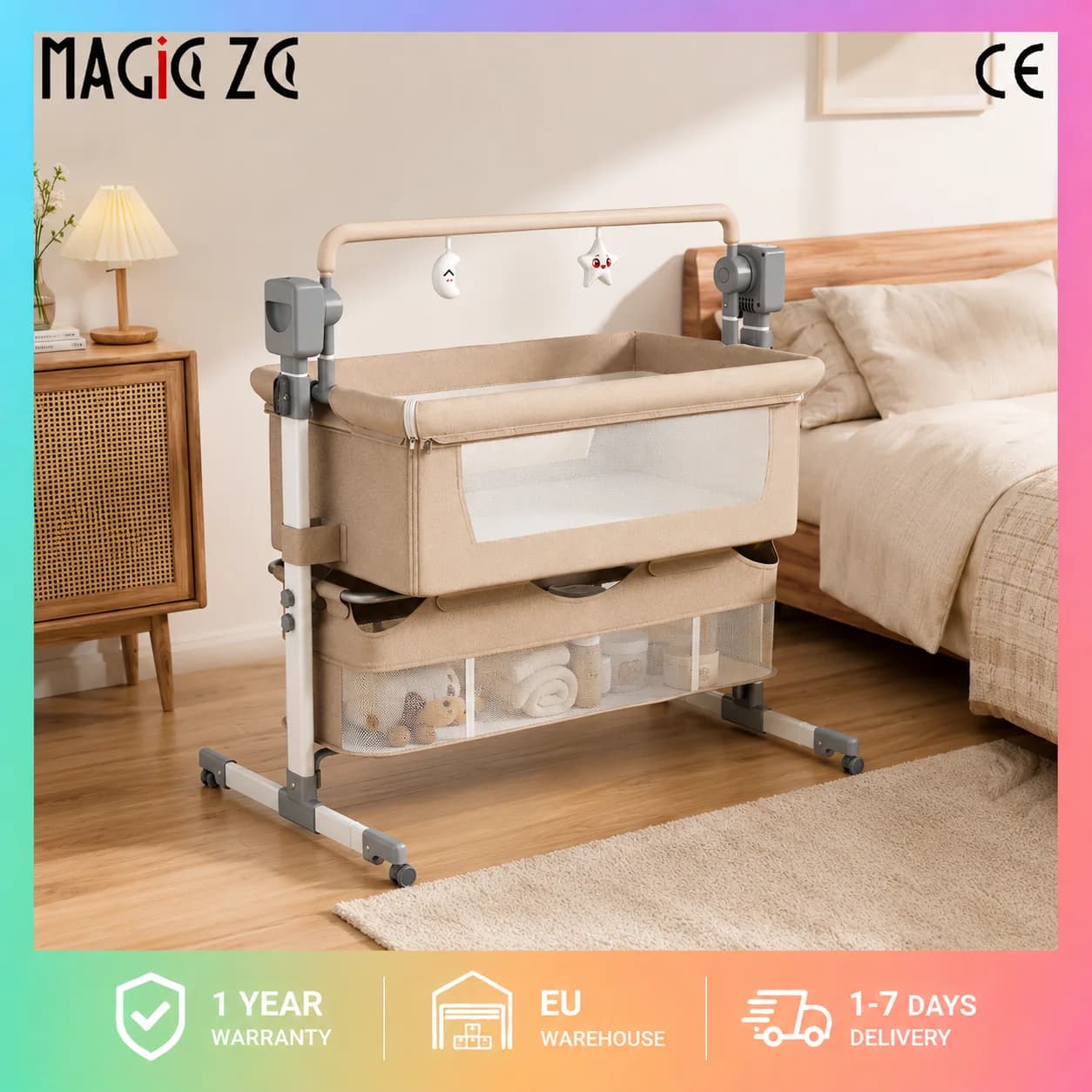 MAGIC ZC Elektrisches 3-in-1 Baby-Beistellbett, Tragbare Babywiege mit 5-Gang Intelligenter Schaukelfunktion, Co-Sleeper Neben-Mir-Bett,