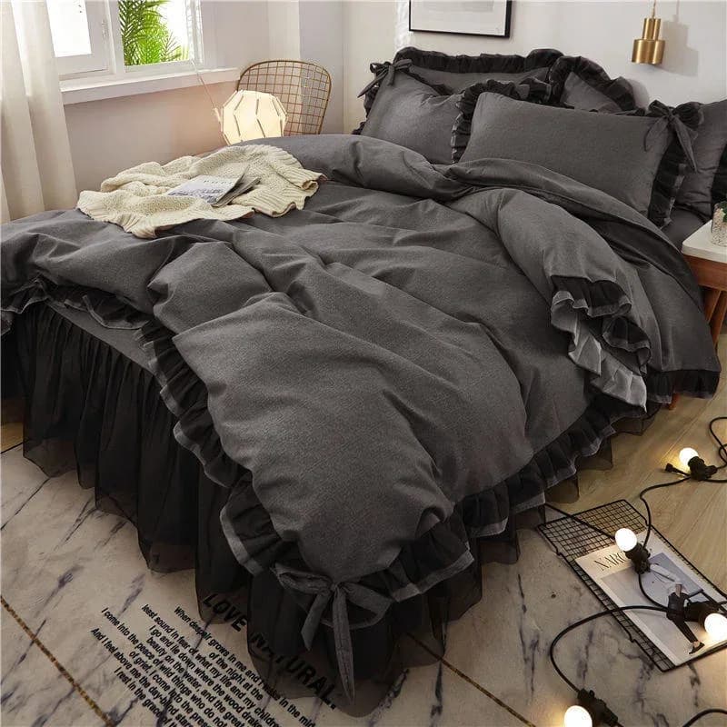 Luxuriöse schwarze Prinzessin-Bettwäsche-Sets, Kawaii-Bettrock, Blatt, Kissenbezug, modischer Bettbezug für Mädchen, 4-teilig, Heimdekoration