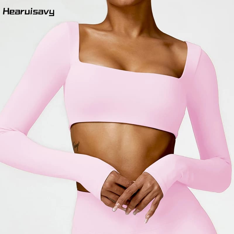 Hearuisavy Sommer Casual Schnelltrocknende Sportbekleidung Damen Quadratischer Ausschnitt Gym-Top Damen Fitness Sport Crop Top Langarm Yoga-Kleidung