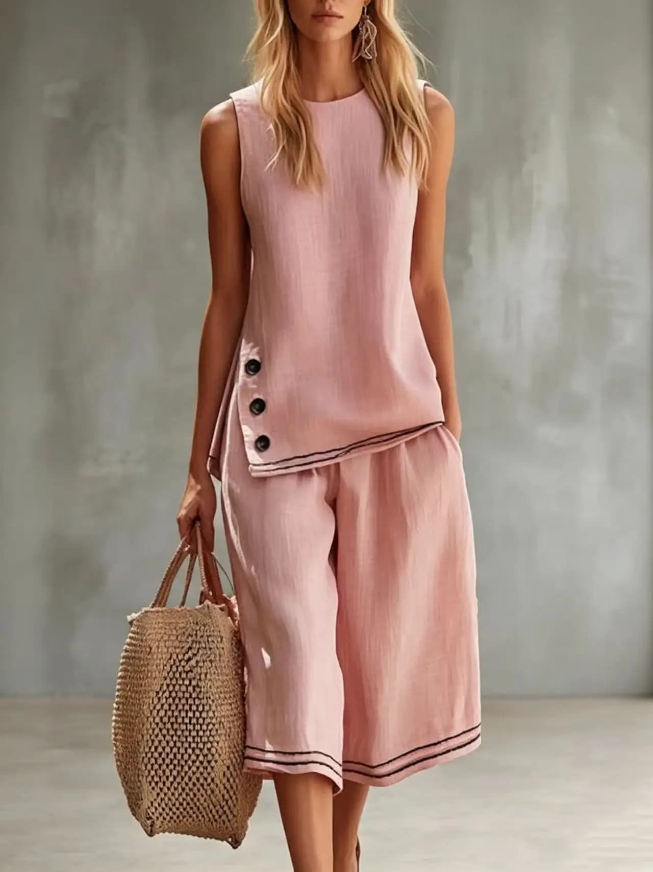 2026 Neues Damen-Zweiteiler-Set aus Baumwolle und Leinen: Ärmellose Weste & Capri-Hose mit weitem Bein – Sommerliches, schickes 2-teiliges Outfit