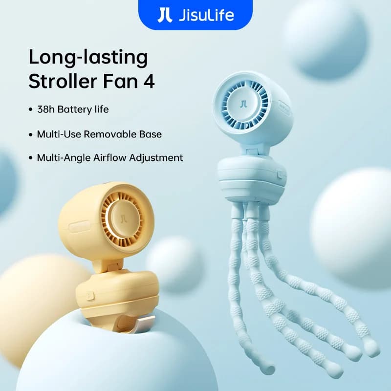 JISULIFE Mini-Kinderwagenventilator, tragbar, batteriebetrieben, mit Nachtlicht, 5 Geschwindigkeiten, LED-Anzeige, abnehmbarer flexibler Ständer