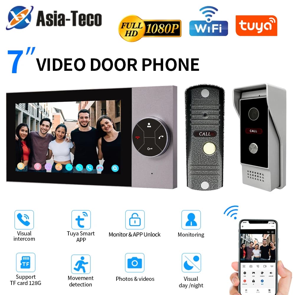 Wifi Wired Smart Home Video Tür Intercom System 7 "Farbe Bildschirm Monitor AHD 1080P Türklingel Tuya App remote Entsperren