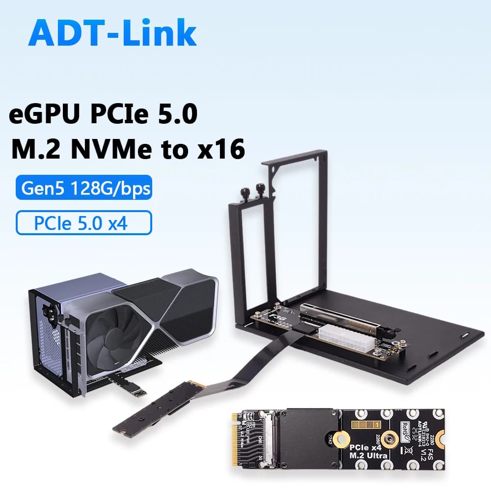 ADT-Link F3G M.2 NVMe zu PCI-E 5,0 x16 eGPU Adapter GPU Dock Externe Grafik NUC/ITX/STX/Notebook PC Gen5 High Speed FFC 0,5 M