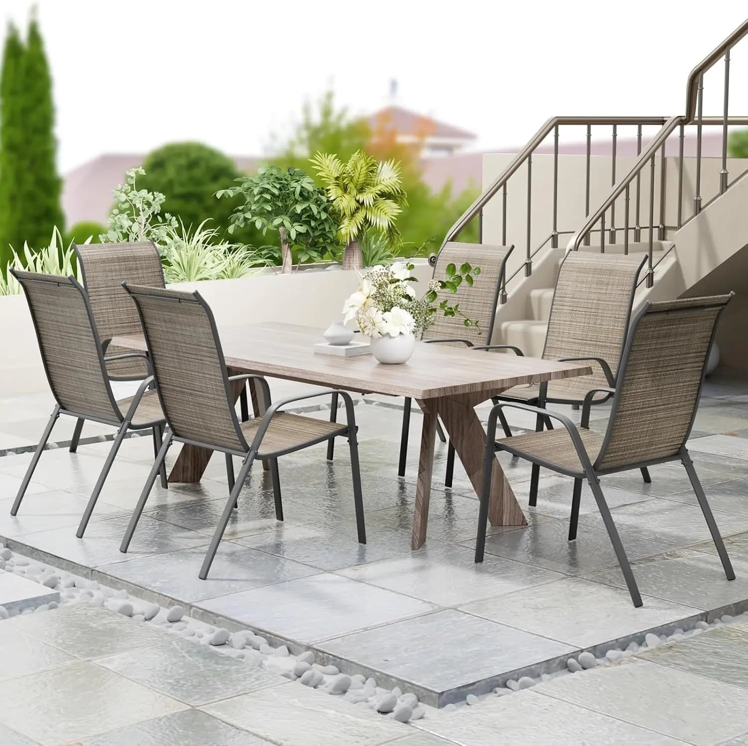 6 Stück Terrassenstühle, stapelbarer Esszimmerstuhl für den Außenbereich, Kapazität 150 kg, hohe Rückenlehne, wetterbeständig, robustes,