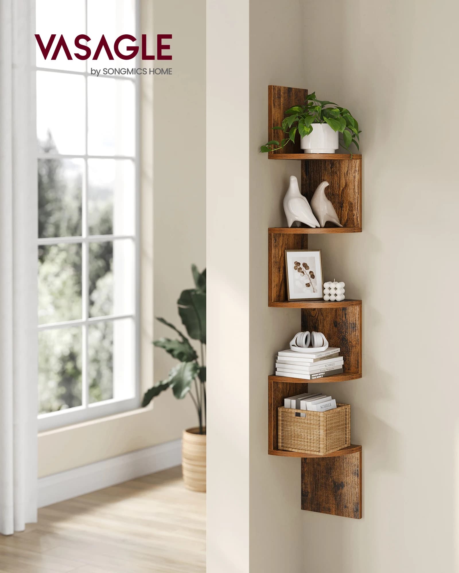 VASAGLE Eckregal, Wandregal 5 Ebenen, Schweberegal für Bücher, Bücherregal, Pflanzenregal für Schlafzimmer, Wohnzimmer