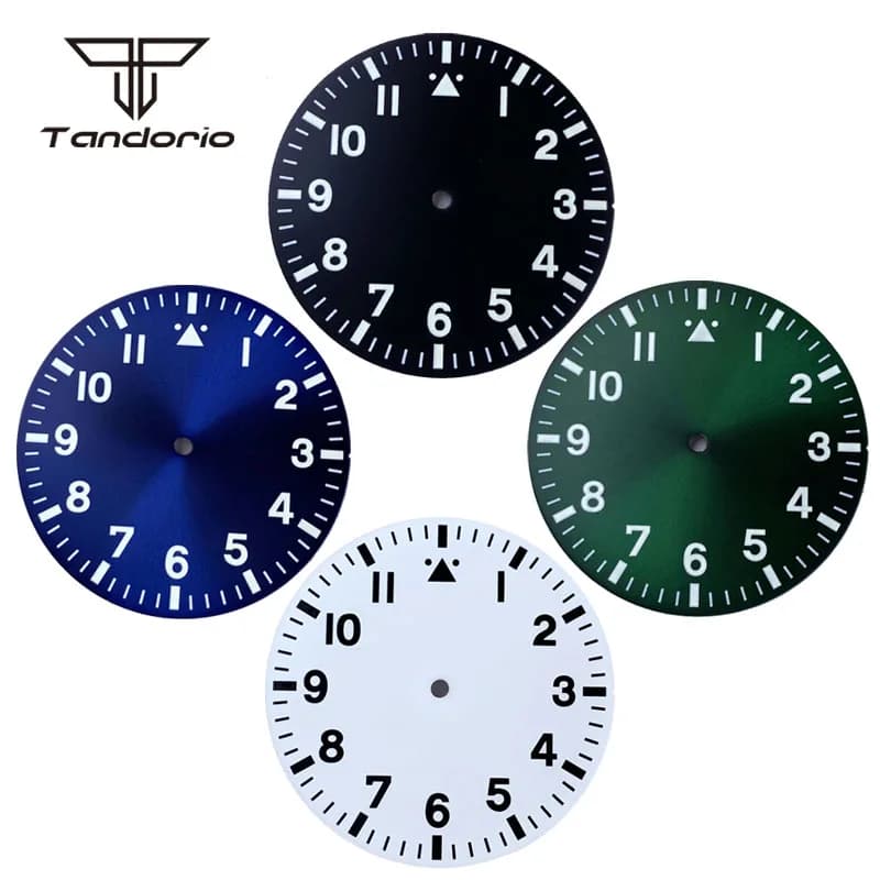 38 mm Fliegeruhr, Zifferblatt + Zeiger, Schwarz/Blau/Grün/Weiß, Armbanduhr-Zubehör, arabische Markierungen, leuchtende Passform, NH35, NH36,