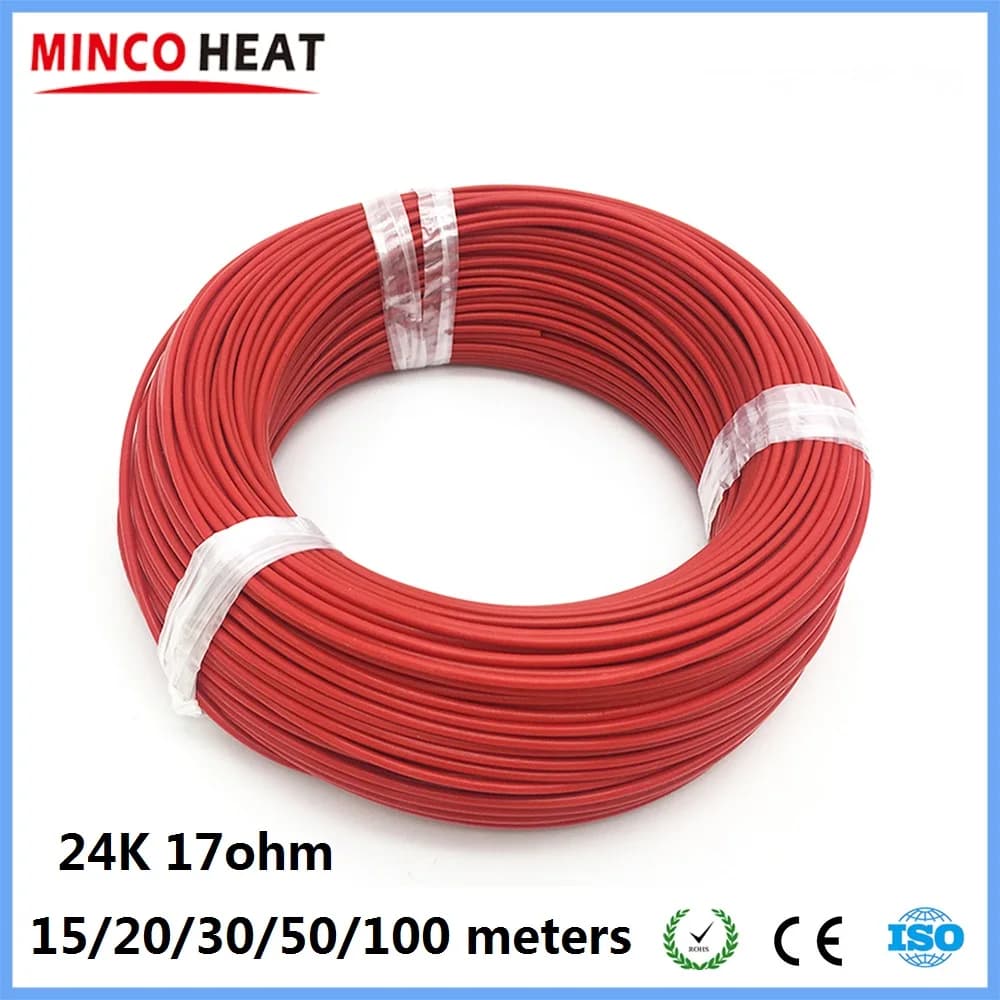 MINCO HEAT 15/20/30/50/100 m Fluorkunststoff-Infrarot-Carbonfaser-Heizkabel, 24 K, 17 Ohm/m, warmer Fußbodenheizdraht