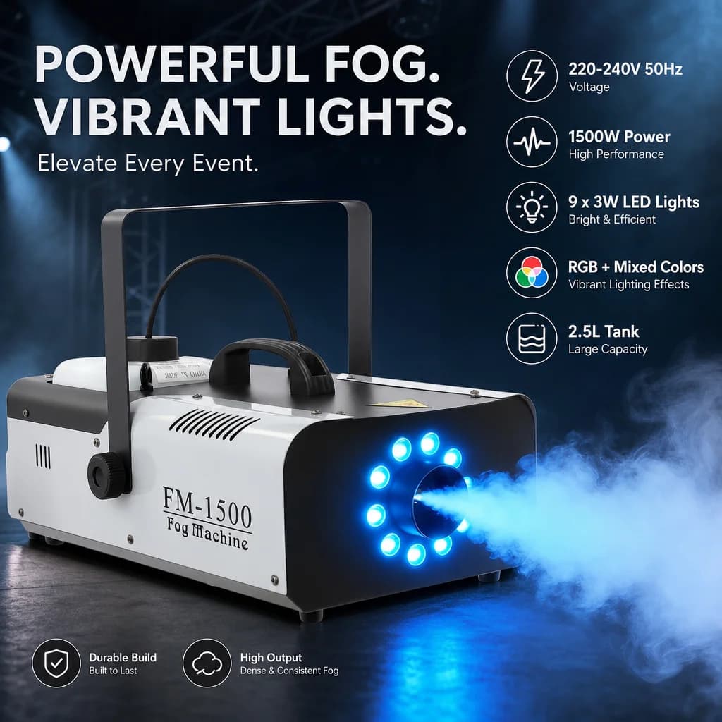 1500W Nebelmaschine mit 9x3W LED RGB+Mischfarben, DMX512 & Kabelloser Fernbedienung, 2,5L Großer Tank, 18000-25000 CFM, Professionelle