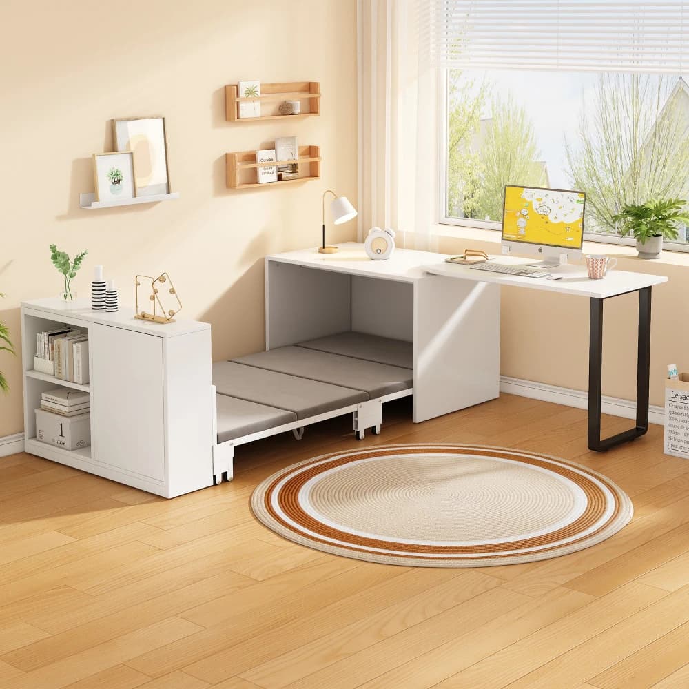 2-in-1 Klappbarer Schreibtisch & Bett Weiß Platzsparendes Multifunktionales Möbelstück Robuster Metallrahmen 4cm Dicke Matratze Rollbare Rollen