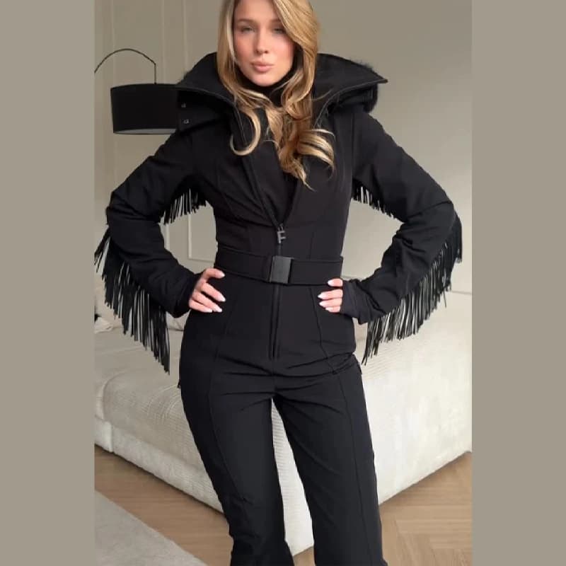 Verdickter einteiliger Skianzug für Damen, Kunstfell, mit Kapuze, Quasten, Mantel, hoher Taillengürtel, Overall, 2022, Winter, winddicht,