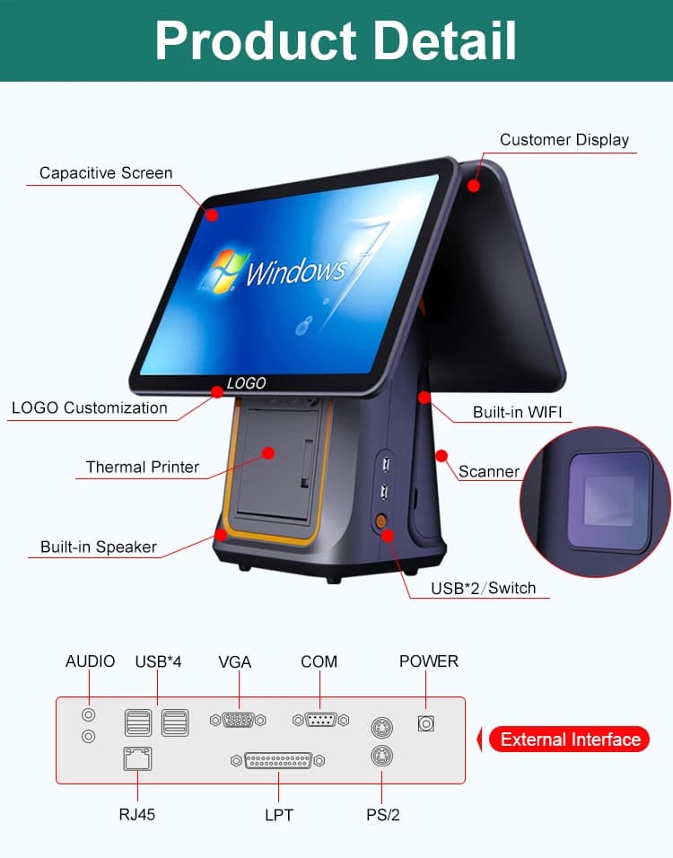 15,6 Zoll neues Android Windows Pos System alles in einem Touchscreen Pos alles in einem PC Pos Terminal mit Drucker Scan Fenster funktion