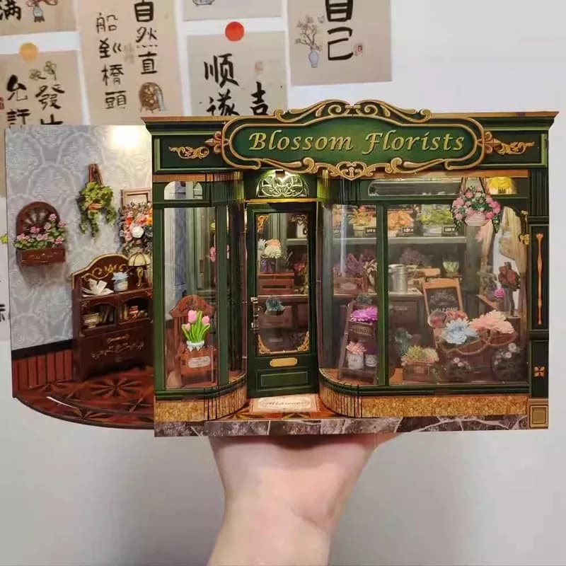 DIY Buchnischen-Set Holzpuppenhaus mit LED-Beleuchtung 3D Magischer Bücherregal-Einsatz für Heim- und Schreibtisch-Dekoration
