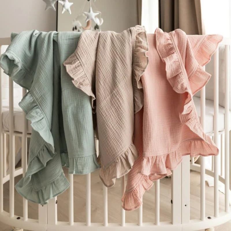 Babydecken aus Bio-Baumwolle, Musselin-Wickeltuch für Neugeborene, Gaze, Rüschen, Decke, Bettwäsche, Artikel, Babyzubehör