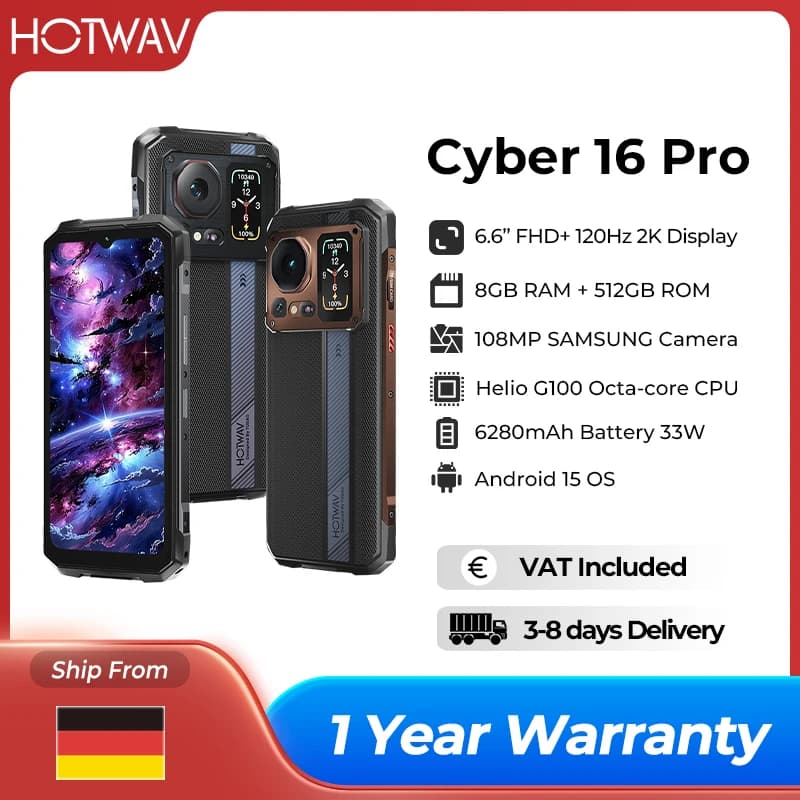 HOTWAV Cyber 16 Pro Robustes Smartphone G100 Octa-Core Android 15 Mobiltelefon 108 MP 6,6 Zoll FHD+ 2K 8 GB 512 GB 6280 mAh Mobiltelefon
