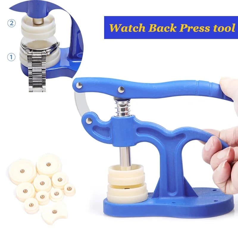 Druckreparatur-Presswerkzeug, Uhrenrückseite, Schließer, Uhrmacherwerkzeuge, Gehäuse, Kristallglas, Handwerkzeuge mit 12-Kunststoff-Stanzformen,