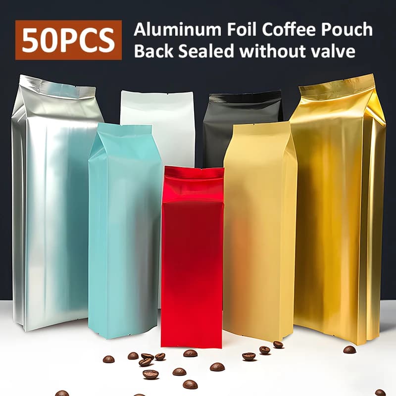 50 Stück Factory Supply Kaffeebohnen-Verpackungsbeutel, Heißsiegelbeutel, Aluminiumfolie, Plastiktüten für Snacks, Tee, Kaffeepulver, Tiernahrung
