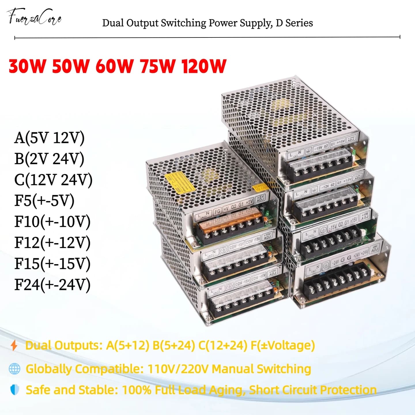 Dual-Output-Netzteil 30W 50W 60W 75W 120W SMPS 5V 10V 12V 15V 24V ±5V ±10V ±12V ±15V ±24V AC100-240V für LED-Leuchten, Fernseher und Motoren.