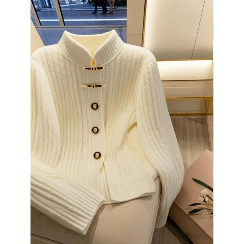 2024 herbst Neue Gestrickte Pullover Strickjacke Stehkragen frauen Einzigartige Einfarbig Lose Lange ärmeln Chic Ins top