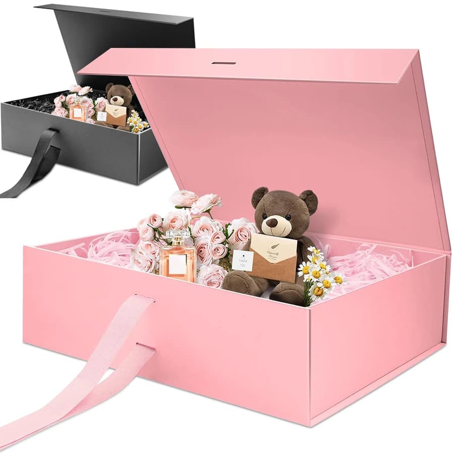 Rosa/schwarze Geschenkbox mit Magnetverschluss und Bastgoldumschlägen, Hochzeit, Geburtstag, Schmuck, Verpackung für besondere Anlässe JXB