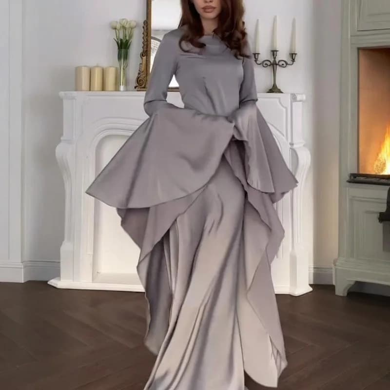 Elegantes Damen-Maxikleid aus Satin mit Korsett, Rundhalsausschnitt, ausgestellten Ärmeln, hoher Taille und figurbetontem Schnitt für