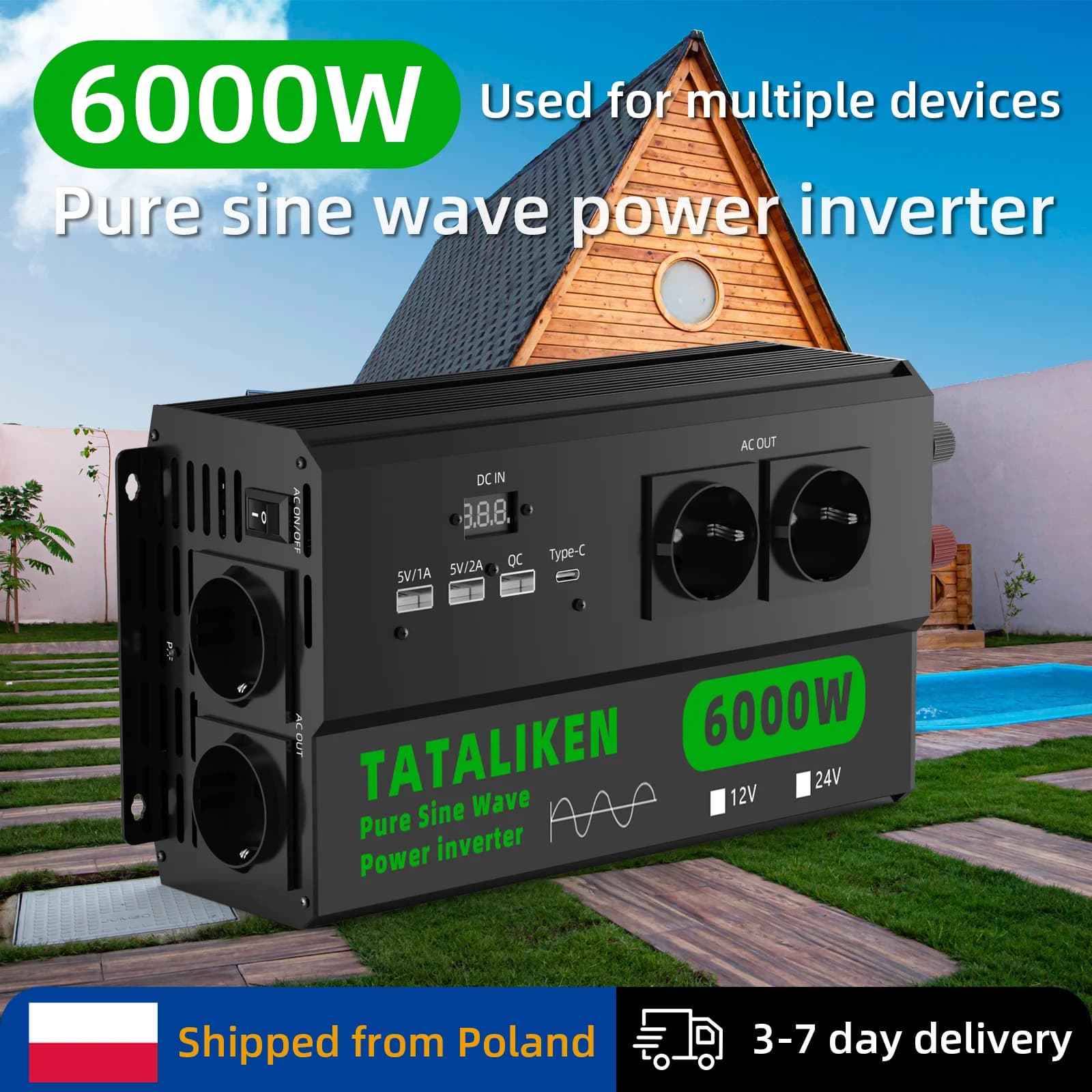 4000W-6000W Reiner Sinus-Wechselrichter DC 12V zu AC 220V 50Hz, 4 EU-Schuko-Steckdosen, Digitalanzeige & Auto-Thermostat-Lüfter für Auto
