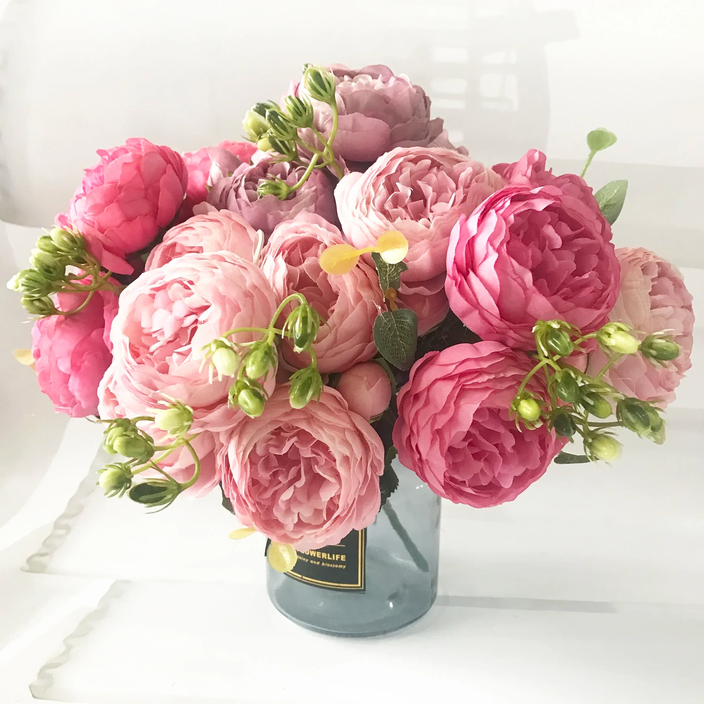 30 cm rosafarbener Seidenpfingstrosen-Kunstblumenstrauß, 5 großen Köpfe und 4 Knospen, günstige Kunstblumen für Zuhause, Hochzeitsdekoration im