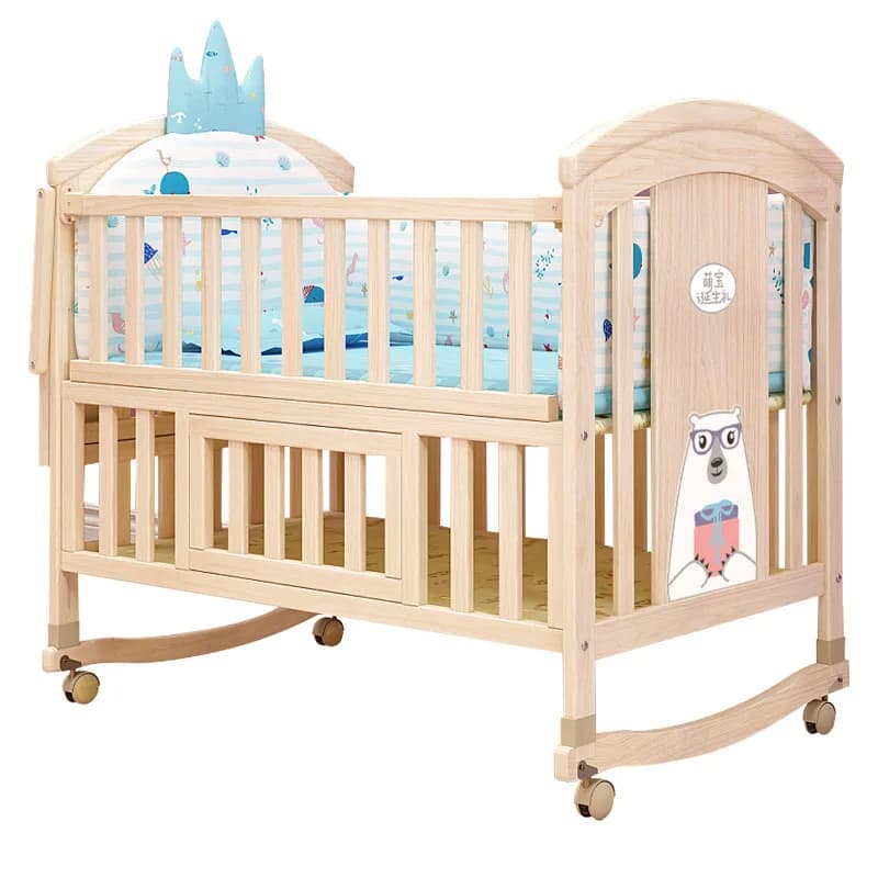 Bequemes Babybett, Massivholz, beweglich, mit Wickeltisch und Moskitonetz, multifunktionales Babybett, höhenverstellbar