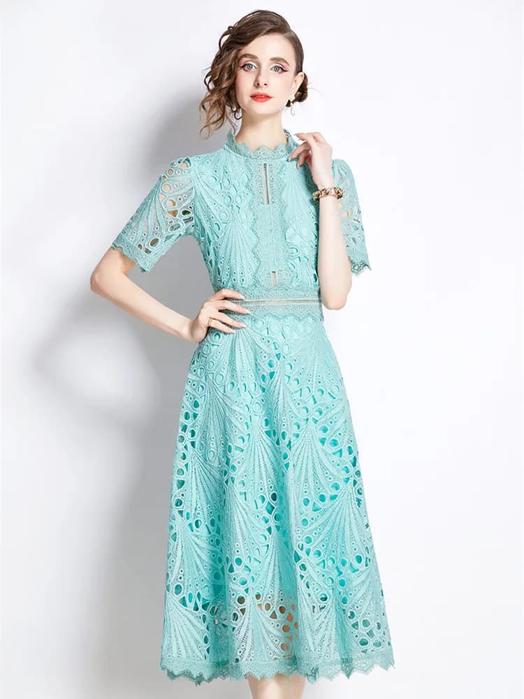 Neuankömmling hellgrüne Spitze Sommerkleid für Frauen hochwertige Häkel aushöhlen Kurzarm schlanke Party kleid lässig Vestido
