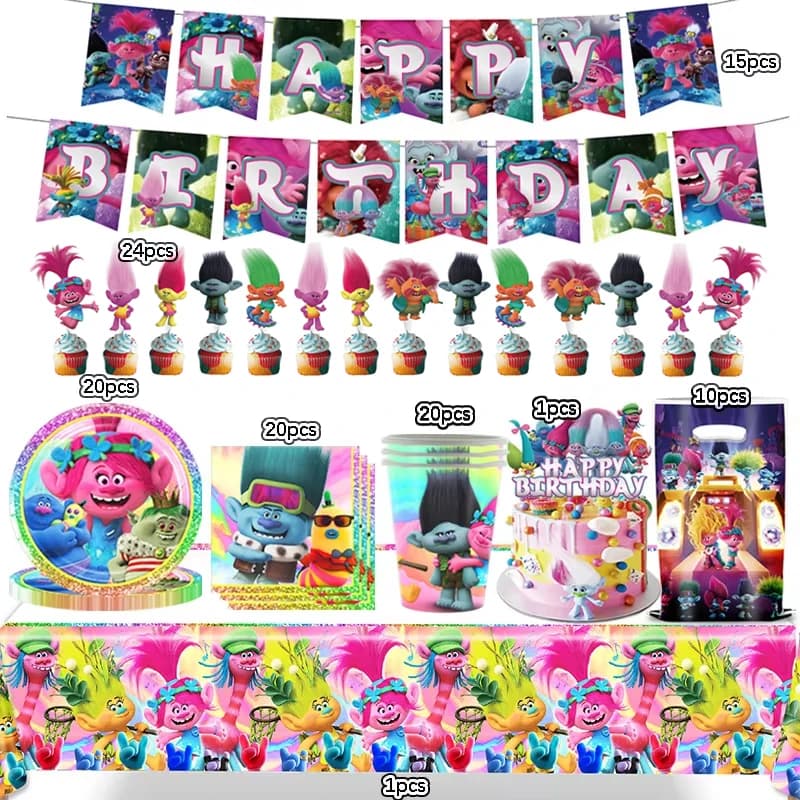 Trolls-Themen Geburtstagsparty Dekorations-Set Magische Haare Elfen Ballons Teller Becher Tischdecke Geschenktüte Banner Babyparty Mädchen Geschenk