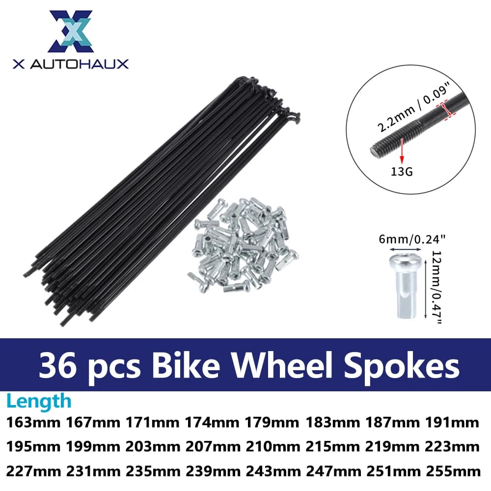 X autohaux Fahrradspeichen Fahrrad-Radspeichen mit Nippeln, 13 G Länge, 163 mm-255 mm, schwarz, langlebiges Fahrradzubehör, 36 Stück