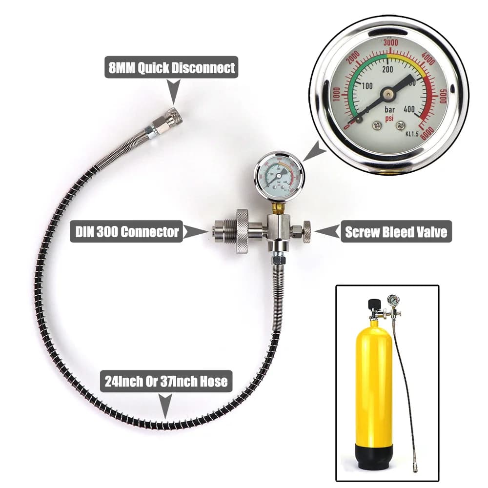 Tauchen HP DIN-Füllstation Ladeadapter Große Flasche zu kleiner Flasche 5/8BSP-Anschluss mit Schlauch und Anzeige 300 Bar