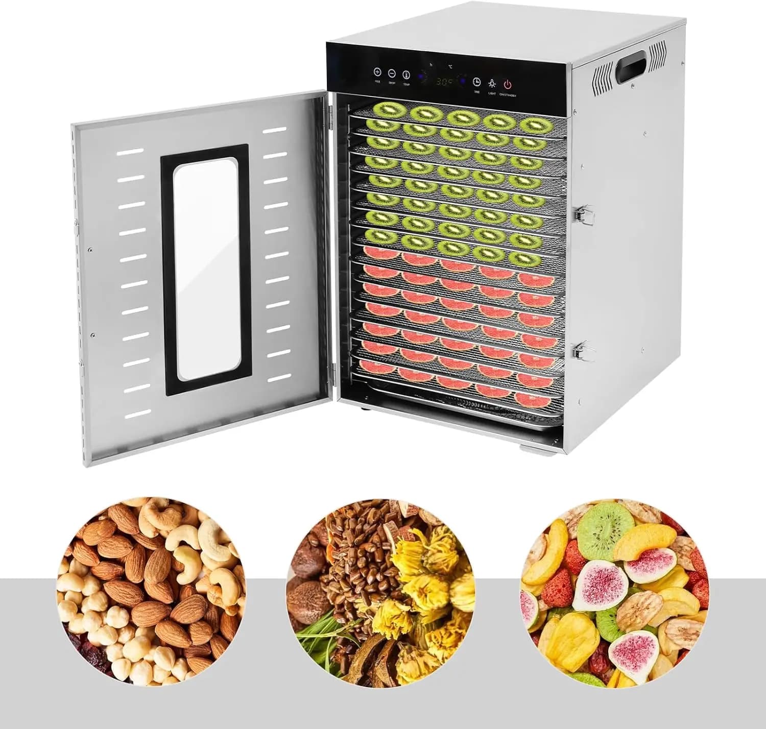 Edelstahl-Dörrgerät, 16 Ebenen, 30-90 ° Einstellbar, 0-24-Stunden-Timer, 1350W, zum Trocknen von Obst, Gemüse & Fleisch