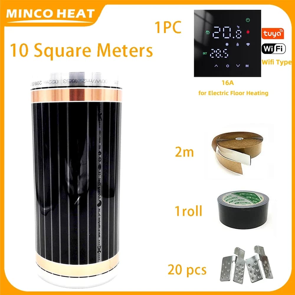 Minco Heat 10 ㎡   50/80/100 cm breite Fußbodenheizungsfolie, 220 W/m2, warme Bodenmatten-Sets mit Zubehör für Fußbodenheizungssystem