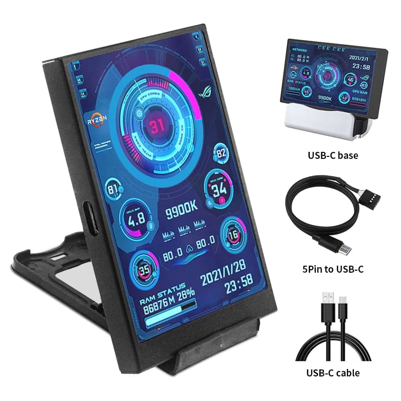 3,5/5 Zoll IPS Typ-C Sekundärbildschirm Mini-Computer USB-Display CPU GPU RAM HDD-Monitor mit Halter Metallgehäuse Keine Verwendung AIDA64