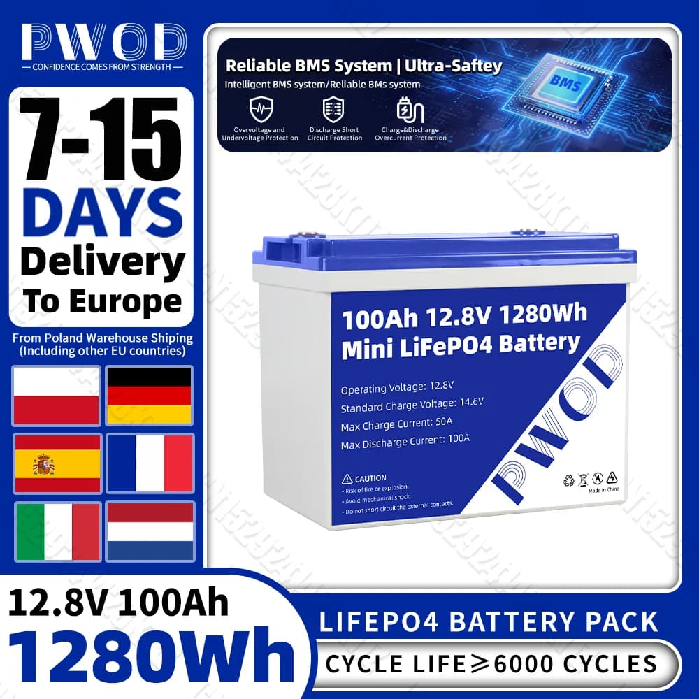 PWOD 12V 100AH Lifepo4 Batterie BCI Gruppe 24 6000 Zyklen Lithium-Eisenphosphat-Zelle für Boot/Auto/Energiespeichersystem EU-Lagerbestand