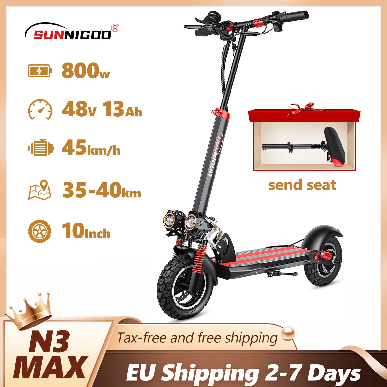 SUNNIGOO Elektroroller für Erwachsene, 10 Zoll Offroad, Höchstgeschwindigkeit ​ ​ 45km/h Schneller Faltbarer E-Scooter 40km Reichweite für