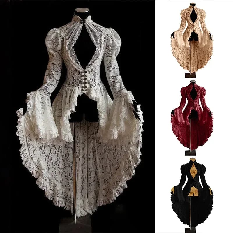Mittelalterliches Cosplay-Kostüm, Gothic, Vintage, unregelmäßige Blumenspitze, Schwarz, Rot, Maxikleid, Glockenärmel, sexy hohle Rüschen,