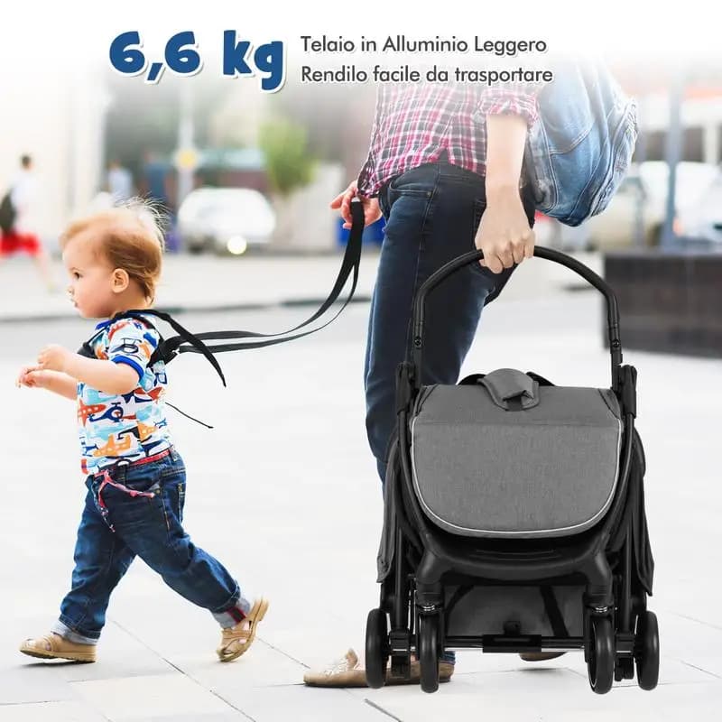 Leichter Kinderwagen Einhändig Faltbar Tragbarer Buggy mit Verstellbarer Rückenlehne Grau