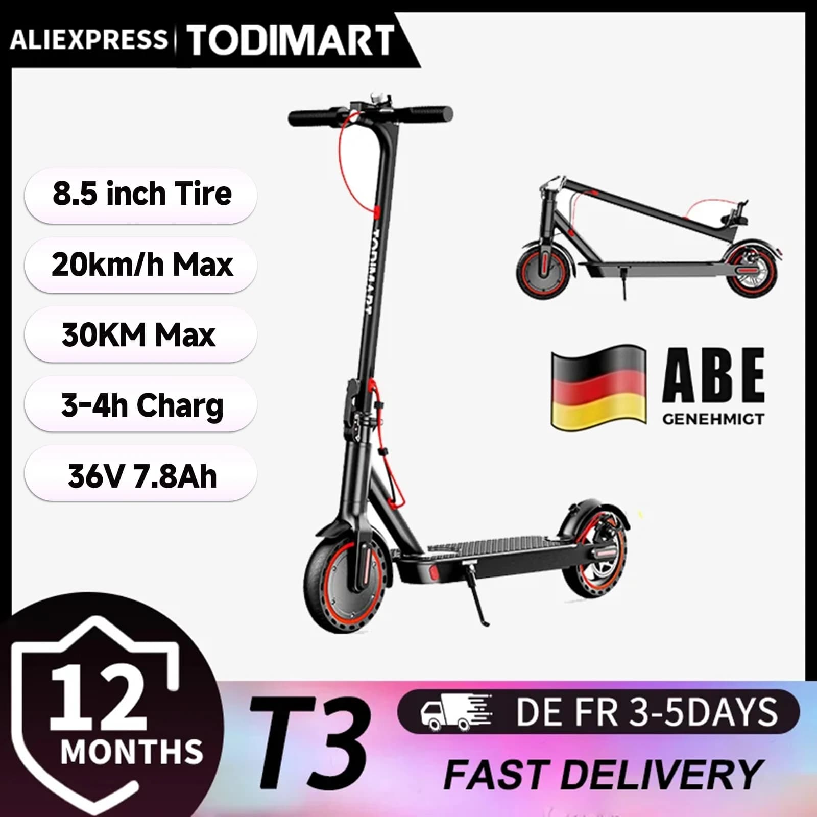 TODIMART T3 ABE E-Scooter mit Straßenzulassung Elektroroller für Erwachsene, Smart-App faltbarer , für Stadt und Stadtverkehr, 8,5 Zoll, 20 km/h
