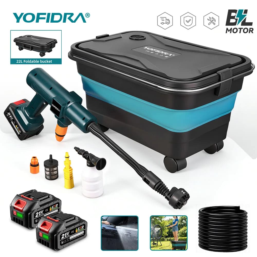 YOFIDRA 200Bar Bürstenlose Elektrische Waschpistole 6-in-1 Hochdruck-Autowaschpistole Gartenreinigungssprühpistole für Makita 21V Akku