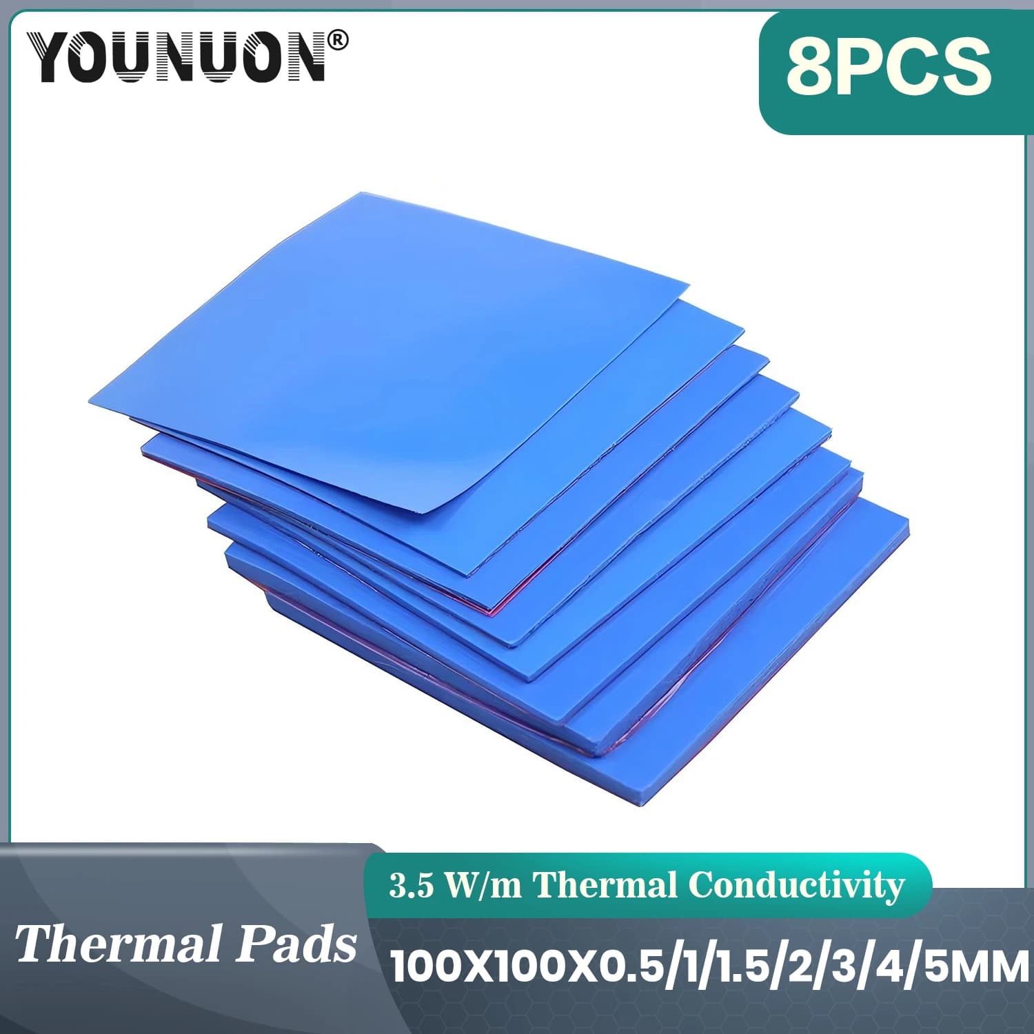 8 Stück YOUNUON 100 x 100 x 0,5 mm, 1 mm, 1,5 mm, 2 mm, 2,5 mm, 3 mm, 4 mm, 5 mm, blau, weiß, grün, Kombinations-Thermopads, Kühlung, leitfähiges