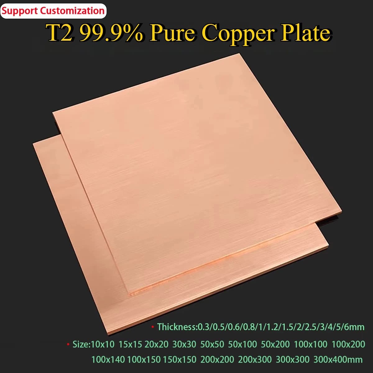 T2-Kupferplatte, 99,9 % reines Kupferblech, Laserschneiden, anpassbar, Größe 50 x 50, 100 x 100, 200 x 200, 300 x 300 mm, THK 0,3–6 mm